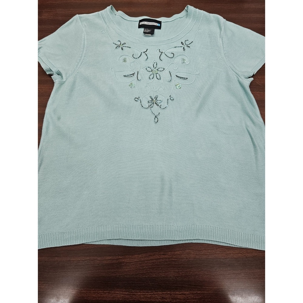 Requirements Women's L Mint Green Short Sleeve Sweater Embellished Floral Beaded